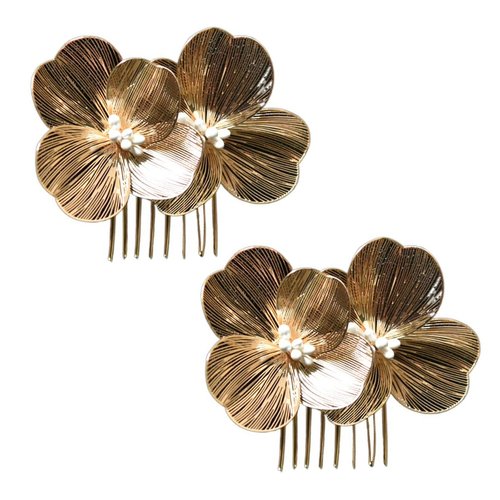 2 Pcs Elegant Floral Hair Comb Bride Wedding Baroque Style Lady Bobby Bun Headpiece Bridal Flower Shape Handmade Hair Accessories for Women Girls, Gold