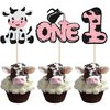 Ephlyn 24Pcs Cow First Birthday Cupcake Toppers Glitter Farm Animals Moo One Cupcake Pick Decorations for Baby Shower 1st Birthday Party Supplies Pink