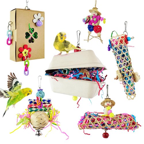 Sysmashing 6PCS Bird Parakeet Cockatiel Toys,Foraging Toys Chewing Toy,Colorful Foraging Shredder Box,Hanging Toy, Love Bird, Parrot, Tiger Skin Parrot etc Accessories