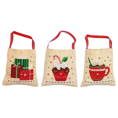 Vervaco Counted Cross Stitch Gift Bags Kit 3.6"X3.6" 3/Pkg-Christmas Figures (18 Count) -V0196966