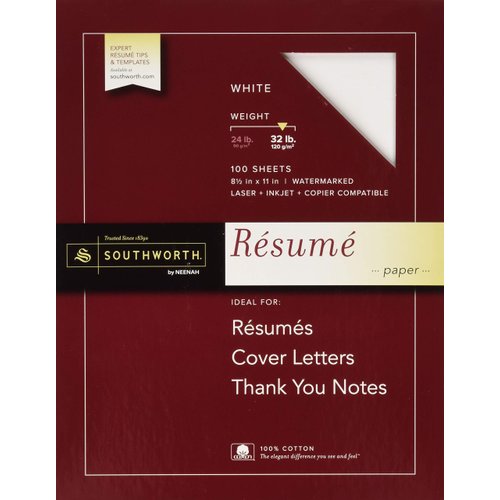100% Cotton Resume Paper, 32lb, 95 Bright, 8 1/2 x 11, White, 100 Sheets