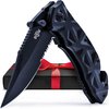 GOOD WORKER Black Pocket Knife - Serrated Sharp 3.5" Blade - Spring Assisted Tactical Knife with Wire Cutter Glass Breaker - Cool Folding Knives for Camping Hunting - Gift for Men & Women HB 207