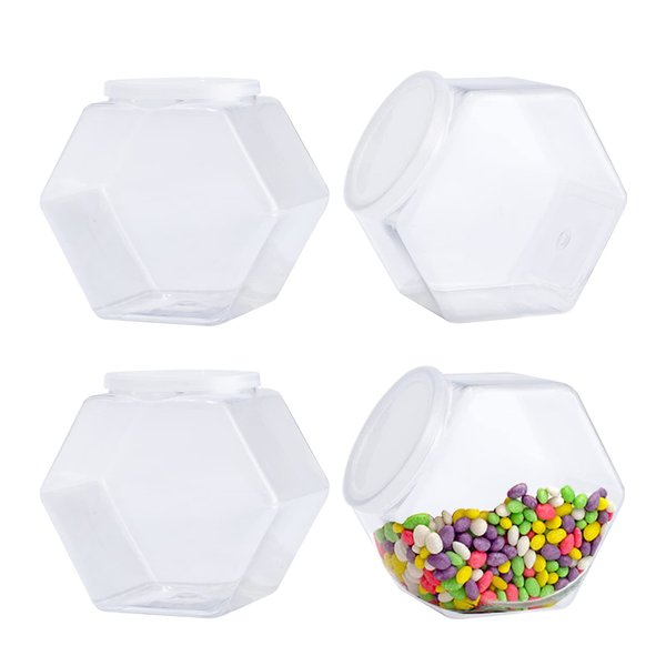 CAGSIG Candy jars with lids 4 Pack Plastic Candy Jars with Lid, Hexagon Candy Jars Cookie Jars for Kitchen, Clear Candy Containers for Snacks, Candy, Cookie, Dog Treats, Coffee Pod(30 OZ)