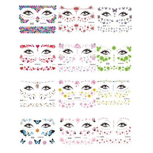 12 Pcs New Colored Waterproof Tattoo Stickers, Cute Glitter Powder Stage Party Personalized Makeup Tattoo Stickers, Face Stickers, Eye Stickers, Clover Love, Butterfly, Mermaid, Strawberry,Small Flower, Feathers Make Up Stickers