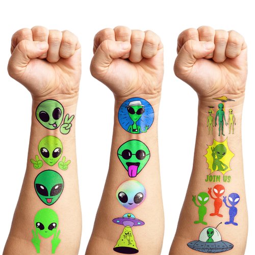8 Sheets (96PCS) Alien Tattoos Temporary Outer Space Themed Birthday Party Decorations Party Supplies Favors Tattoo Stickers for Kids Boys Girls Gifts Classroom School Prizes Rewards