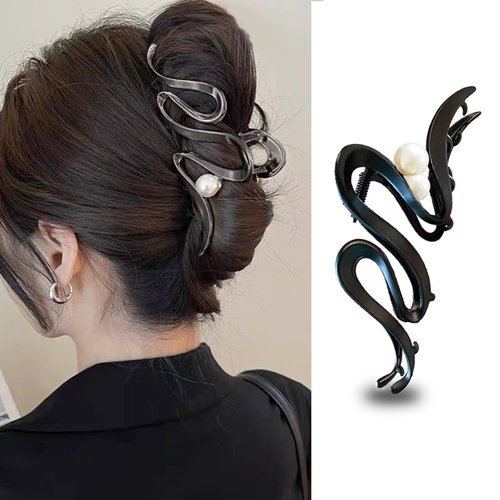 Black Ribbon Hair Clips Metal with Pearl Hair Accessories for Women Girls Elegant Curve Wave Hair Claw Clips Shiny Hairpins Strong Hold Nonslip Hair Clip for Thick or Thin Hair Goddess Look 1 Pcs