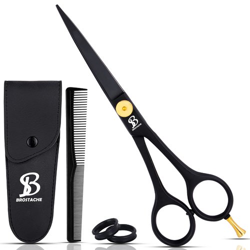BROSTACHE 6.5" Professional German Hair scissor for Hair Cutting, Men, Women & Children Hairstylists, barber scissors with Long Hair Comb & PU Leather Travel Pouch, Adjustable Screw and Finger Rest