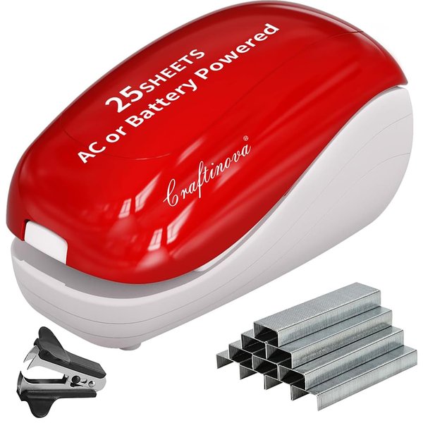 Craftinova Electric Stapler-Red,Including 2000 Staples and 1 Staple Remover, Suitable for Palm Size and high Comfort，25 Sheet Capacity, AC Adapter or Battery Powered，Battery not Included