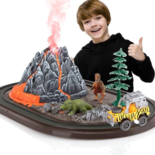 ArtCreativity Volcano Dinosaur Playset for Kids, Mist Spouting Volcano Play Set, Dinosaur Toys for Boys, Volcano Science Kit, Volcano Toy Set with Simulated Volcanic Eruptions, Sounds, Wind-up Truck