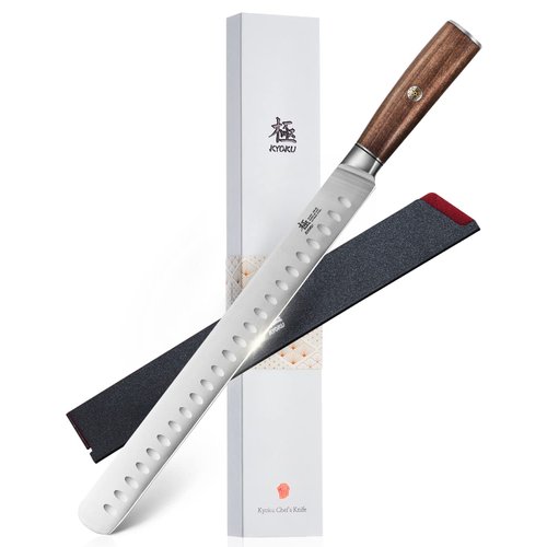 KYOKU 12" Slicing Knife, Daimyo Series Brisket Knife for Meat Cutting with Rosewood Handle, Japanese 440C Stainless Steel Meat Carving Knife for BBQ Brisket Turkey Ham Rib Roast with Sheath and Case
