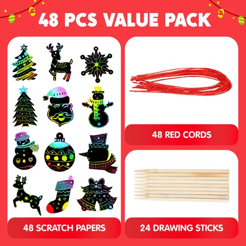 JOYIN 48 Pcs Christmas Scratch Art Ornaments, Scratch Paper Craft Kit Include Snowman, Snowflakes, Christmas Tree, and Reindeer, Rainbow Color Scratch Off Hanging Ornament for Kids Party Favors