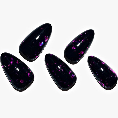 GLAMERMAID Black Press on Nails Medium Almond, Handmade Gold Foil Jelly Soft Gel Fake Nails Stiletto, Glitter Glossy Purple Pure Glue on Nails, Reusable Acrylic Short Oval Shrimmer Stick on False Nail