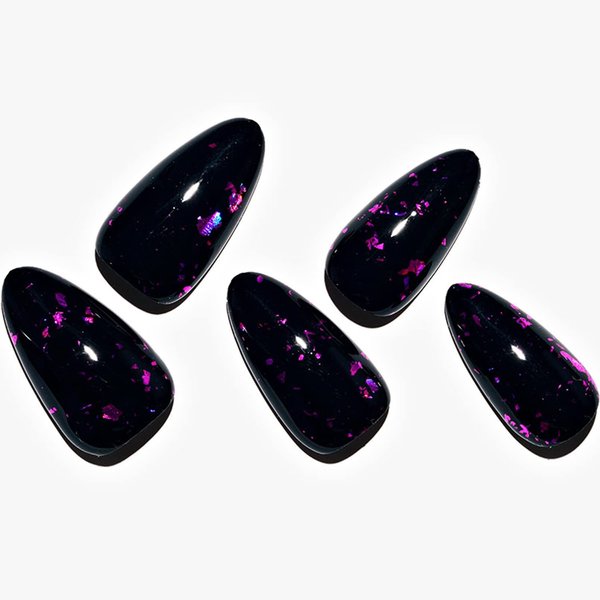 GLAMERMAID Black Press on Nails Medium Almond, Handmade Gold Foil Jelly Soft Gel Fake Nails Stiletto, Glitter Glossy Purple Pure Glue on Nails, Reusable Acrylic Short Oval Shrimmer Stick on False Nail