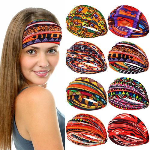 Dizila 8 Pieces Non Slip Stretchy Knotted Boho African Wide Headbands Headwraps Hair Bands Turbans Accessories for Women Girls Sports Yoga Workout