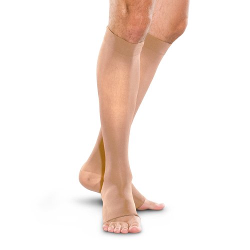 THERAFIRM Open-Toe Knee High Stockings - 20-30mmHg Moderate Compression Support Nylons (Sand, Small)