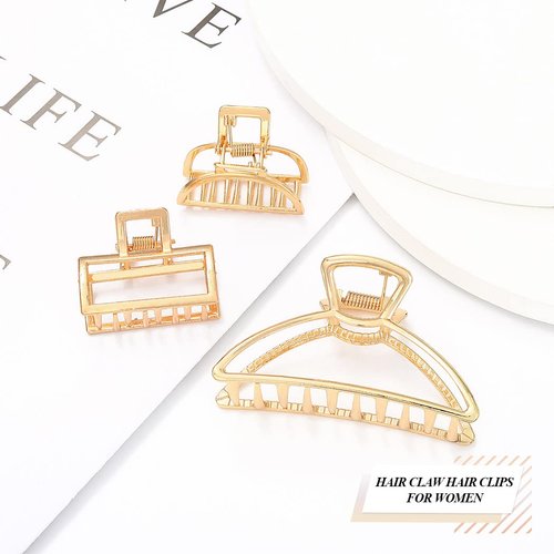 Brinie Metal Claw Hair Clips Set - Gold Medium Catch Nonslip Barrette Hair Accessories for Women and Girls (Pack of 3)