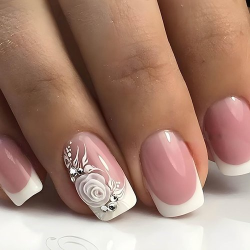 RTKHFZE Square Press on Nails Medium French Tip Fake Nails with Rhinestones & Flowers Designs Full Cover False Acrylic Nails for Women & Girls 24Pcs Artificial Nails