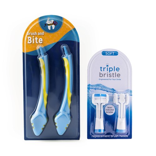 Triple Bristle Brush and Bite Handle Replacement Brush Head Combo | Special Needs & Autism Mouth Prop Toothbrush | Ergonomic Handle w/Bite Block | Patented 3 Head Design | Kids & Adults