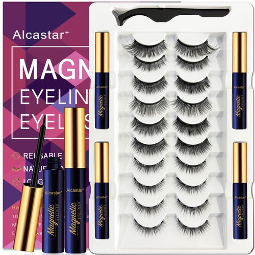 Alcastar Magnetic Eyelashes with Eyeliner Kit, Reusable Magnetic lashes, Waterproof, Long Lasting,Magnet Eyelashes Easy to Apply