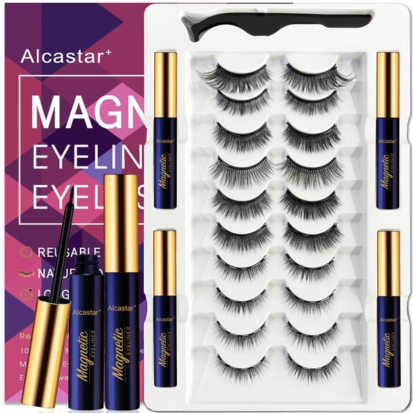 Alcastar Magnetic Eyelashes with Eyeliner Kit, Reusable Magnetic lashes, Waterproof, Long Lasting,Magnet Eyelashes Easy to Apply