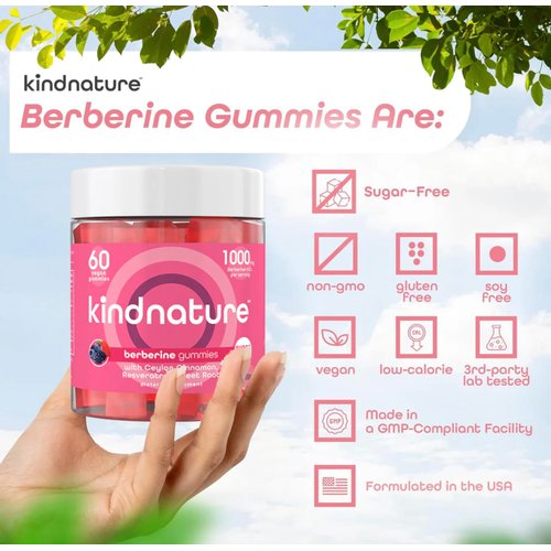 kindnature Berberine Gummies 1000mg with Ceylon Cinnamon & Resveratrol – Sugar-Free Vegan Supplement for Blood Sugar Support, Metabolism, Cravings Wellness – Non-GMO, Gluten-Free