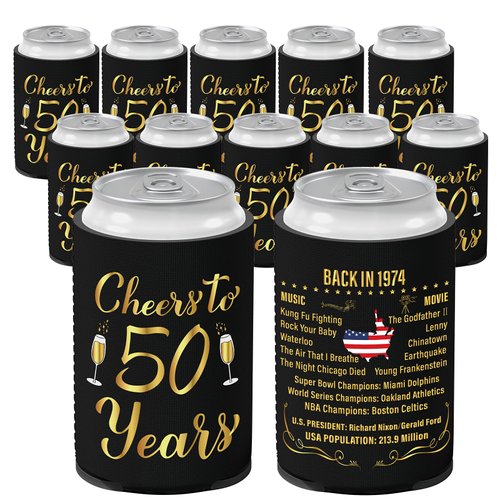 Xumbtvs 50th Birthday Decorations for Women and Men, Vintage 1974 Birthday Decor, Fifty Year Old Birthday Party Supplies, 12 Pcs Neoprene Can Cooler Sleeves for Soda, Beer, Beverage