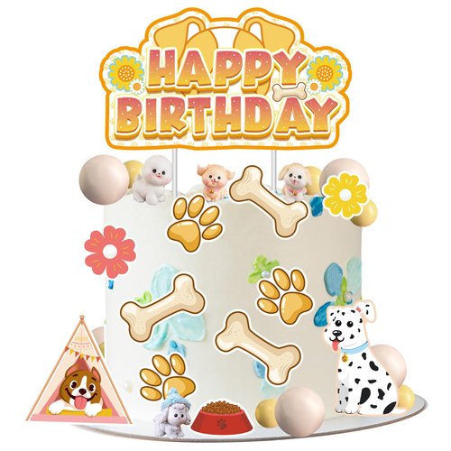 JUYRLE Realistic Dog Cake Topper- 25Pcs Yellow Dog Birthday Decorations, Puppy Birthday Cake Topper with Dog Miniature Figurines, Mini Balloon Dog Birthday Cake for Boys Girls Dog Birthday Theme Party