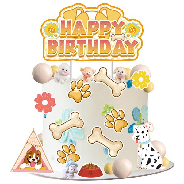 JUYRLE Realistic Dog Cake Topper- 25Pcs Yellow Dog Birthday Decorations, Puppy Birthday Cake Topper with Dog Miniature Figurines, Mini Balloon Dog Birthday Cake for Boys Girls Dog Birthday Theme Party