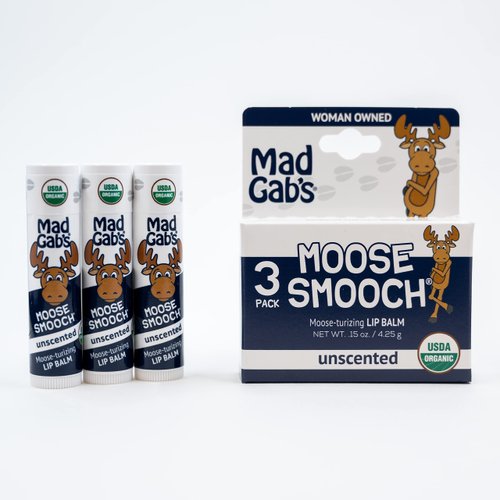 Mad Gab's Moose Smooch Unscented Lip Balm | Certified Organic, Fragrance Free | Made with Organic Olive Oil, Beeswax, and Vitamin E | 0.15 Ounces (3 Pack)