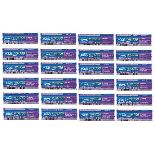 Tums Extra Strength 750 Antacid with Calcium Supplement Calcium Rich Assorted Berries Flavored - 24 Pocket Size Rolls of 8 Chewable Tablets Each Roll (192 Chewable Tablets Total)