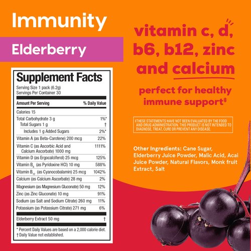 Hydrant Immunity, Individual Immune Hydration Powder Stick Packets with Vitamin C, Vitamin D, and Zinc for Electrolyte and Energy Support (Elderberry, 30 Count)
