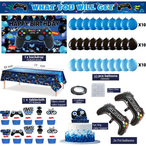 Video Game Party Supplies Set: Decorations with Happy Birthday Gaming Backdrop, Game Table Covers, Cake Topper, Foil Gamer Balloons, Multi-Color Balloons. Perfect for Game Party!
