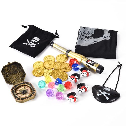 Hercugifts Kid Pirate Pretend Toys Set,Pirate Treasure Party Favors Set Pirate Skull Ring & Accessories Set Birthday Supplies Decorations