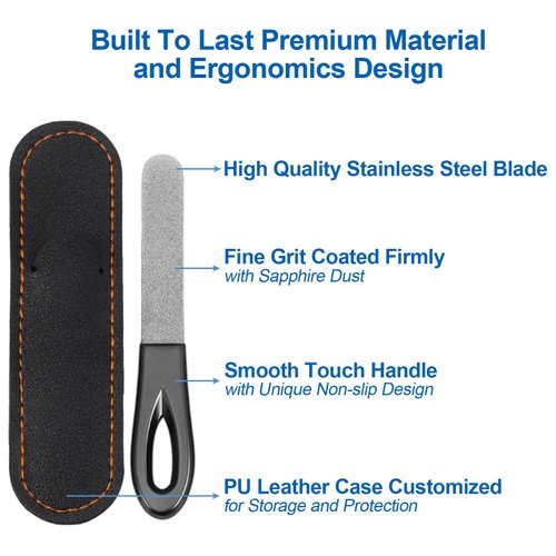 Metal Nail File, Stainless Steel Fingernail Files Double Sided Grit Nail Filer with Leather Cases and Non Slip Handle (2 Pack 3.6IN Gunmetal Files with PU Cases)