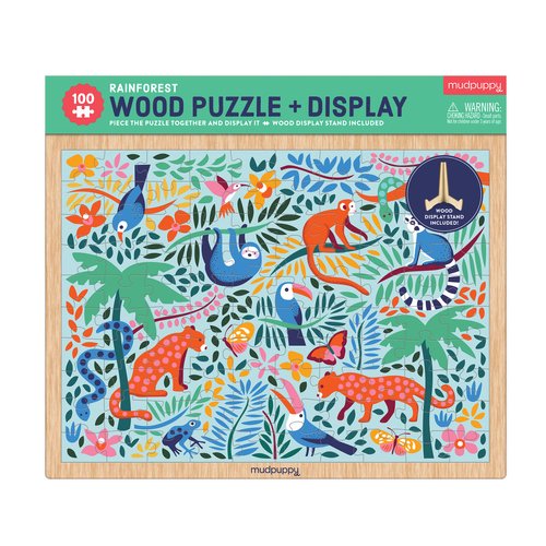 Mudpuppy’s Rainforest 100 Piece Wood Puzzle, Includes Colorful Illustrations of Your Favorite Rainforest Animals, Ages 5+, Display Stand Included, Turn Your Puzzle into Home Décor!