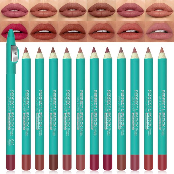 Erinde 12PCS Lip Liner Pencil, Nude Lip Liner Set with Lip Liner Sharpener, Matte Dark Brown Pink Red Mauve Series Lip Liner Pack, Waterproof Long Lasting Liner Crayon Lipstick for Women Daily Makeup