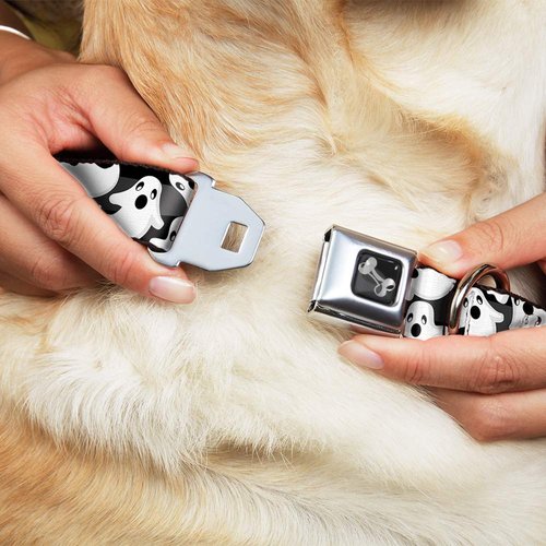 Dog Collar Seatbelt Buckle Ghosts Scattered Black White 18 to 32 Inches 1.5 Inch Wide