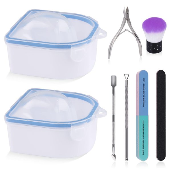 8PCS Nail Soaking Bowl Lorvain Nail Soak Tray with 6PCS Nail Polish Remover Tools Manicure Bowls with Cuticle Peeler Pusher Cutter and Nail Files Professional Nail Art Spa Tools for Salon Home (Blue)
