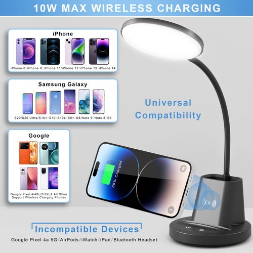 Sailstar Desk Lamp, Desk Lamps for Home Office with Wireless Charger & Pen Holder, 800 Lumens Gooseneck 3 Modes Dimmable Touch Circular LED Desk Light, Small Desk Lamp for College Dorm Room, Black