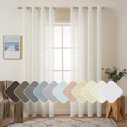 MIULEE 2 Panels Natural Linen Semi Sheer Window Curtains Elegant Solid Ivory Drapes Grommet Top Window Voile Panels Linen Textured Panels for Bedroom Living Room (52X90 Inch)