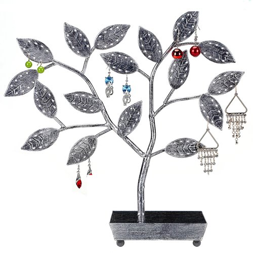 MyGift Silver Metal Hanging Jewelry Tree Earring Display Stand, Necklace Bracelet Organizer Rack with Ring Dish Tray