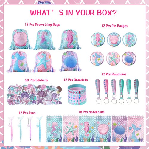 Sherr 140 Pcs Mermaid Party Favors for Kids Include Mermaid Silicone Bracelets, Mermaid Drawstring Backpacks, Keychains, Pens, Stickers, Spiral Notebooks for Birthday Party Supplies