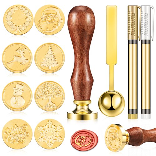 Xuniea Christmas Wax Seal Stamp Set Seal Wax Stamps with Wooden Handle, Melting Spoon, Metallic Pen for Vintage Wax Seal Stamp Decoration(Classic Style, 12 Pieces)