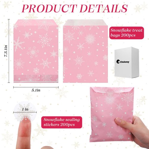 Cholemy 200 Pcs Winter Snowflake Treat Bags Christmas Gift Bags with Snowflake Sealing Stickers Small Winter Paper Goodie Bags for Holiday Xmas Party Favors(Pink Background, White Snowflake)