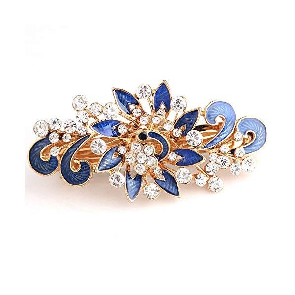 NYKKOLA Women's Multilayered Peacock Shaped Rhinestone French Barrette Hair Clip Blue