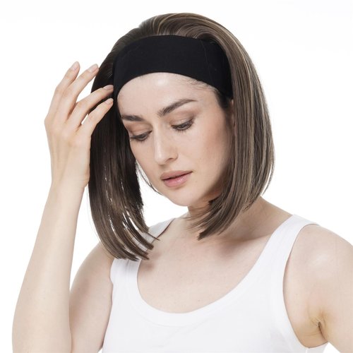 Aimole Short Straight Bob 3/4 Wig with Headband Half Synthetic Wigs Women Hair(8TT124 Brown with Highlights)