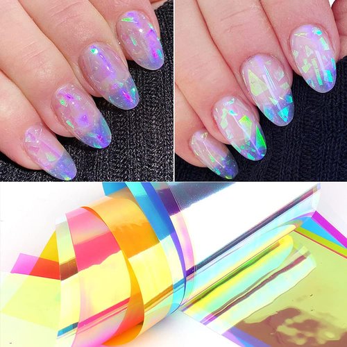 Aurora Nail Foil Transfer Stickers,Nail Art Supplies Holographic Aurora Glass Gradient Rainbow Color Decals Cellophane Mermaid Mirror Colorful Design French Designer Manicure Decorations 8 PCS