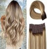 Dirty Blonde Hair Extensions,18Inch Wire Hair Extensions, Fish Line Hair Extensions Wire Hair, 80g Balayage Ash Brown to Dirty Blonde and Platinum Blonde Highlights Hairpiece Flip in Wire Hair Extensions with Invisible Fish Line