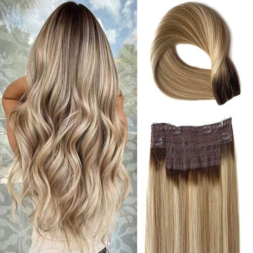 Dirty Blonde Hair Extensions,18Inch Wire Hair Extensions, Fish Line Hair Extensions Wire Hair, 80g Balayage Ash Brown to Dirty Blonde and Platinum Blonde Highlights Hairpiece Flip in Wire Hair Extensions with Invisible Fish Line