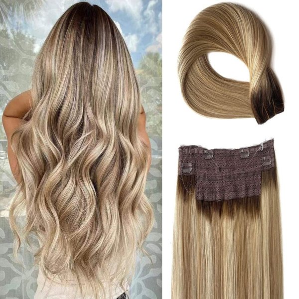 Dirty Blonde Hair Extensions,18Inch Wire Hair Extensions, Fish Line Hair Extensions Wire Hair, 80g Balayage Ash Brown to Dirty Blonde and Platinum Blonde Highlights Hairpiece Flip in Wire Hair Extensions with Invisible Fish Line